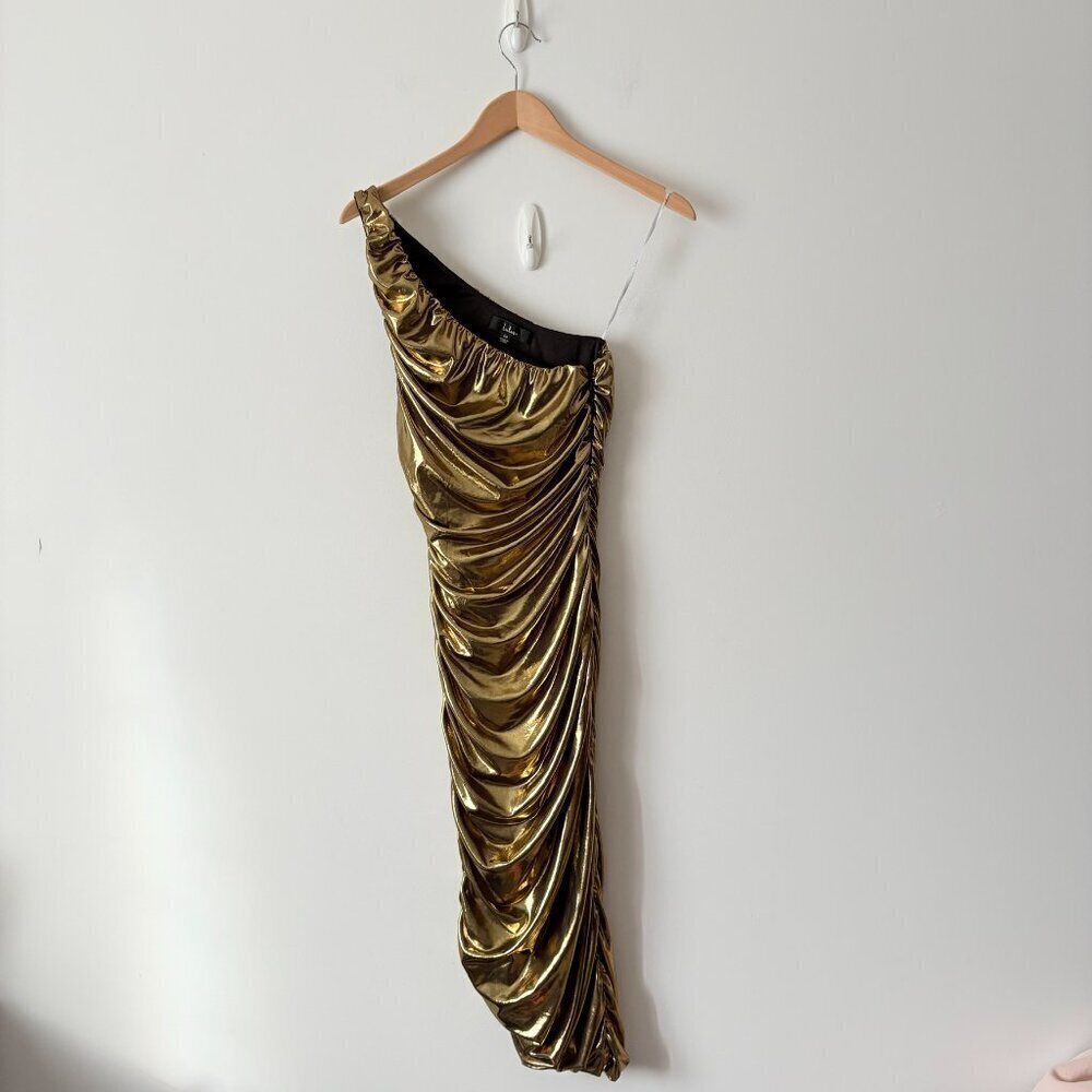 Lulus Reflections Of Style Shiny Gold One-Shoulder Bodycon Mini Dress Size XS - Picture 5 of 10